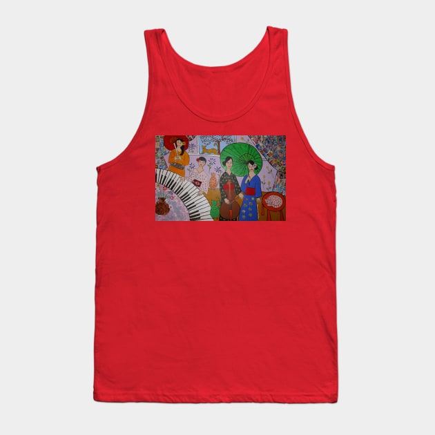 Japanese Geisha Women, A Piano, Cello and Colourful Cats Tank Top by Casimirasquirkyart